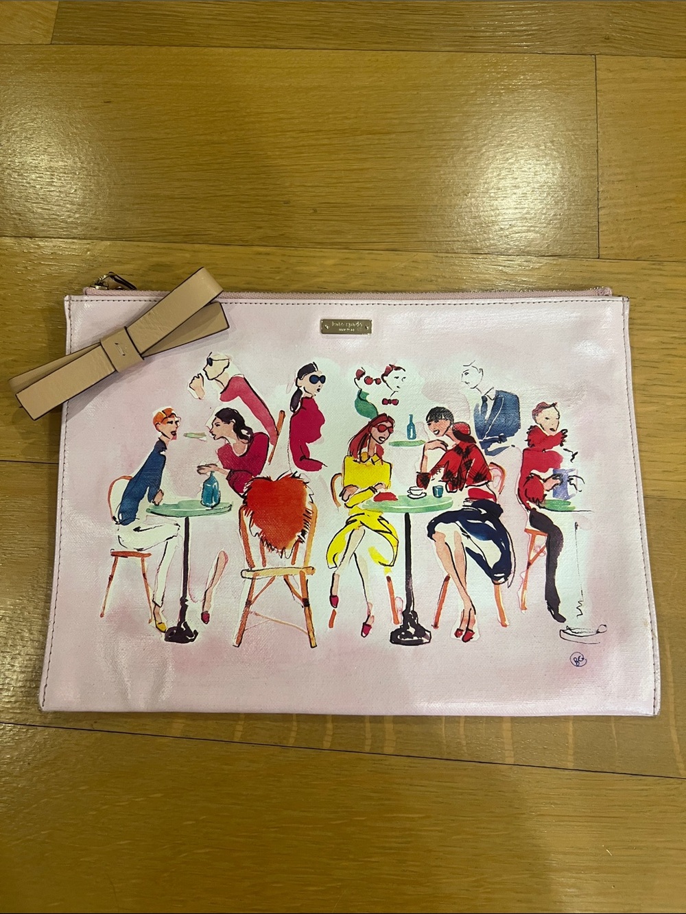 kate spade Pink Illustrated Café Leather Clutch with Bow Accent